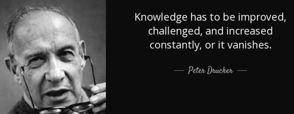 Peter Drucker quote graphic about continually improving knowledge