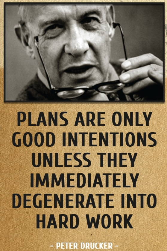 Peter Drucker portrait with quote about turning plans into hard work